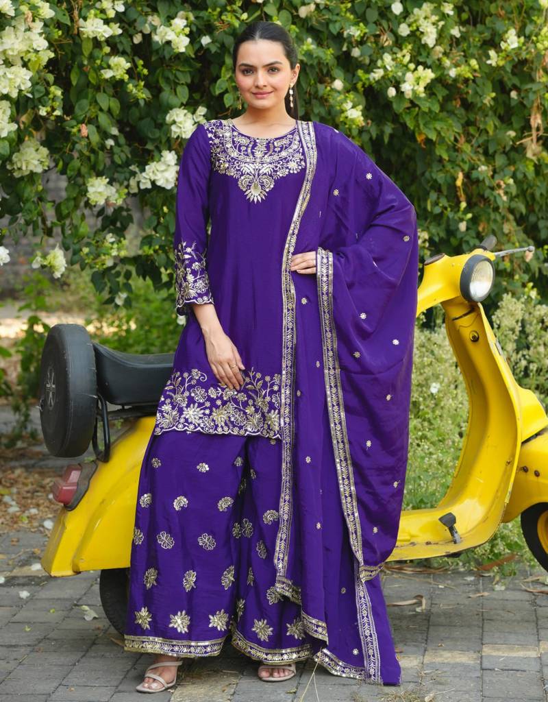 Purple color chinnon silk wedding wear trending plazo set