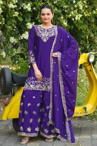 Purple color chinnon silk wedding wear trending plazo set