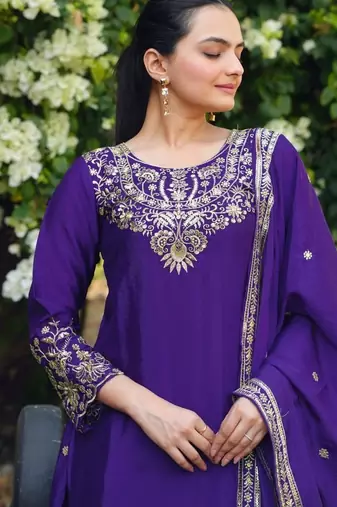 Purple color chinnon silk wedding wear trending plazo set