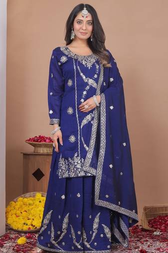 Blue color vichitra silk embroidery work wedding wear plazo set
