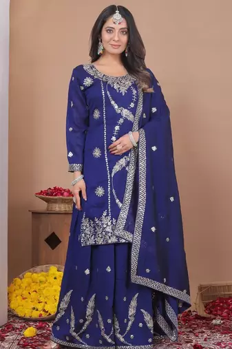 Blue color vichitra silk embroidery work wedding wear plazo set