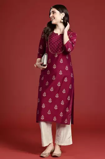 Ethnic motifs printed regular thread work kurta with palazzos