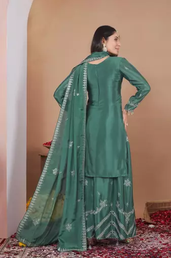 Green color chinnon silk wedding wear trending plazo set