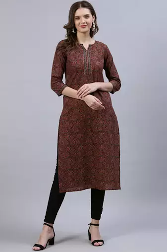 Maroon & navy blue ethnic motifs printed straight kurta