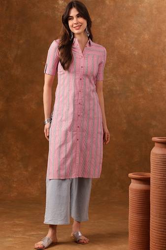 Striped printed roll-up sleeves straight kurta