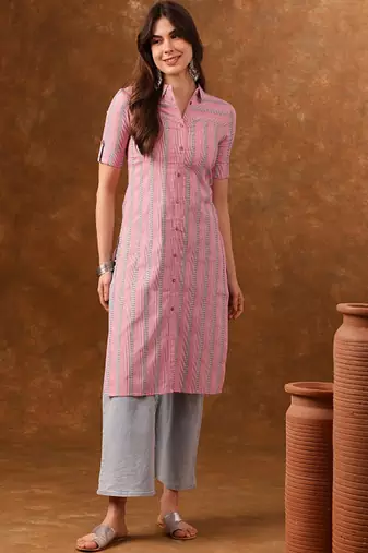 Striped printed roll-up sleeves straight kurta