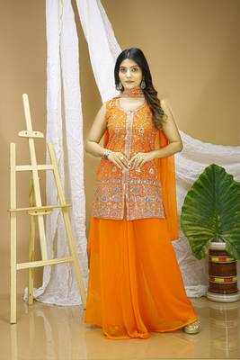 Yellow color faux georgette wedding wear trending plazo set 1