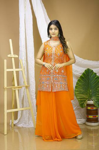 Yellow color faux georgette wedding wear trending plazo set