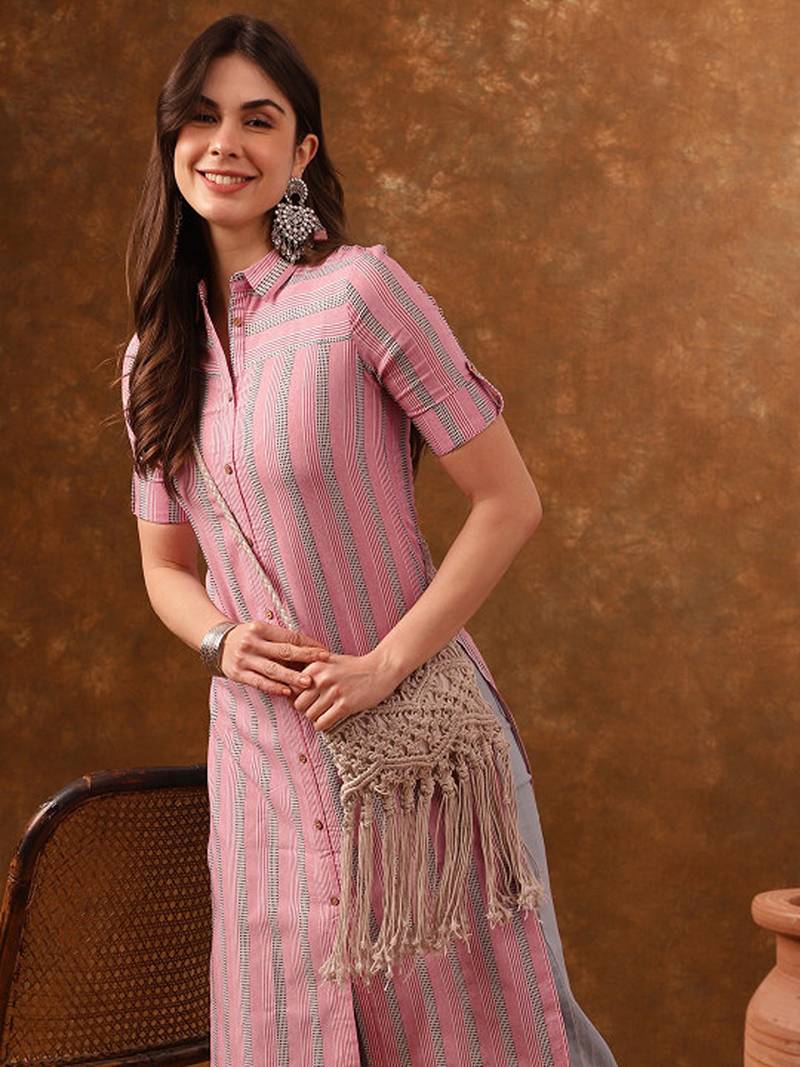 Striped printed roll-up sleeves straight kurta