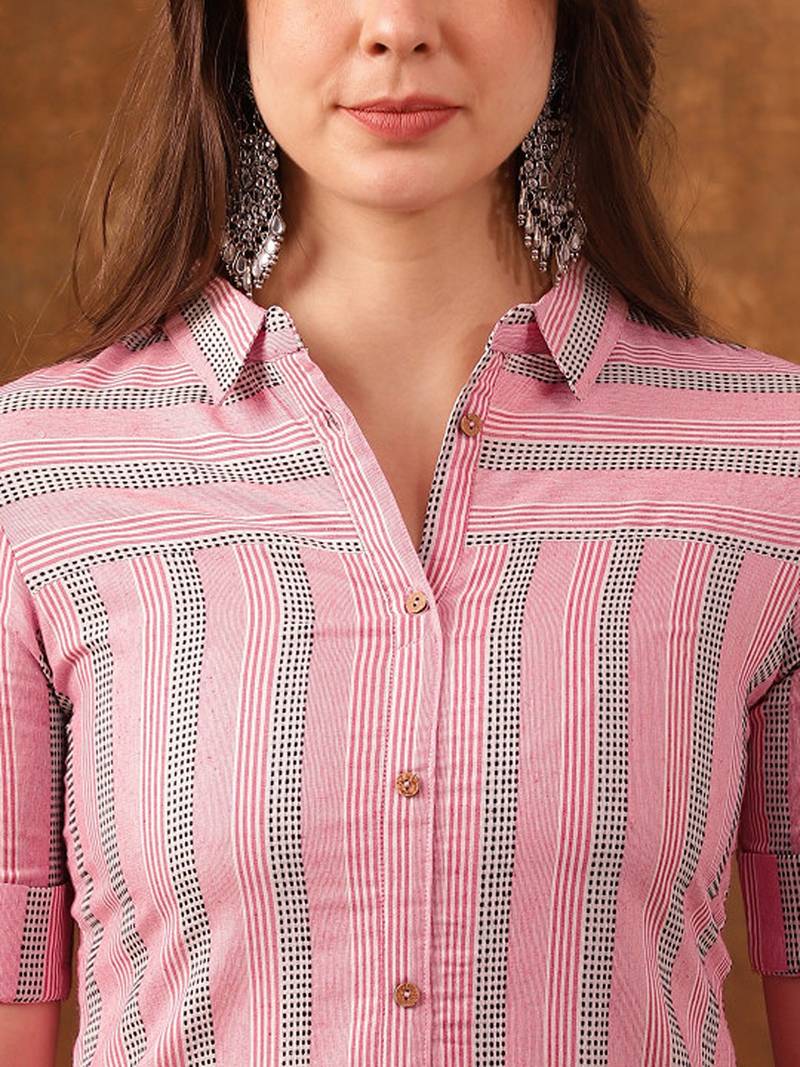 Striped printed roll-up sleeves straight kurta