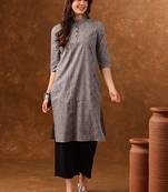 Grey abstract printed mandarin collar cotton kurta