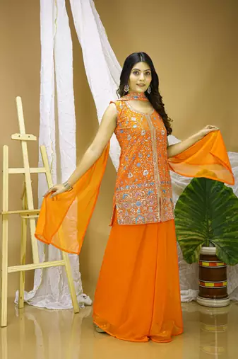 Yellow color faux georgette wedding wear trending plazo set
