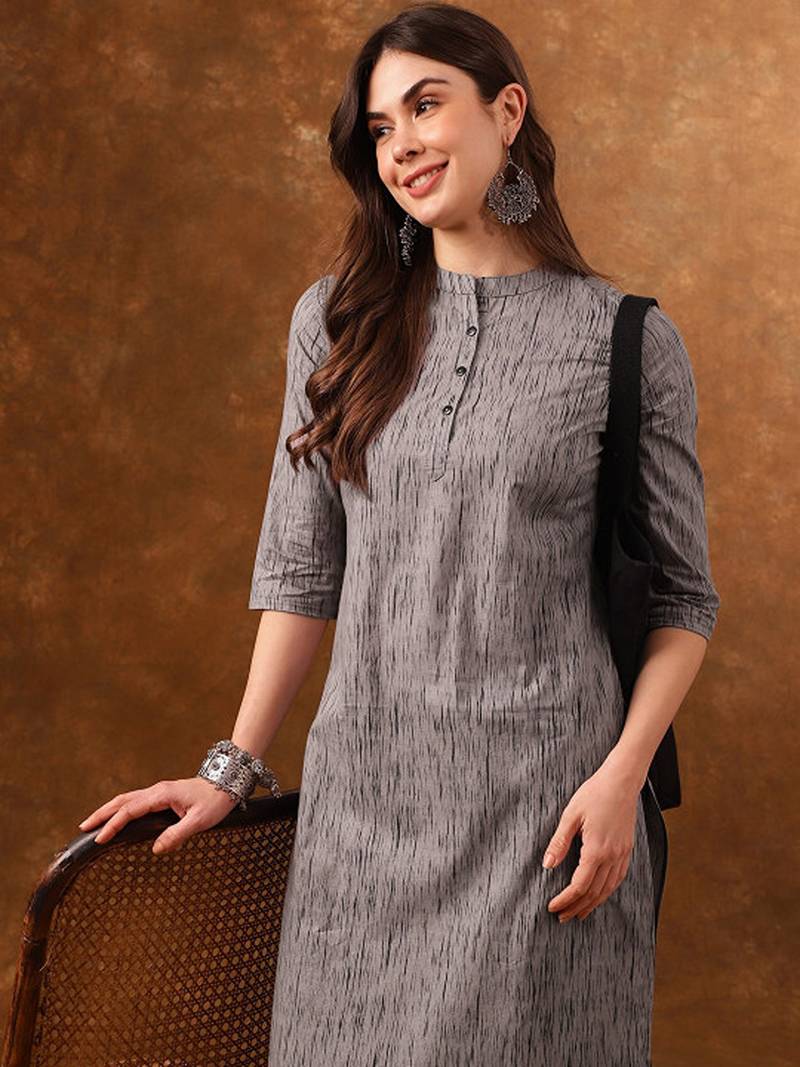 Grey abstract printed mandarin collar cotton kurta