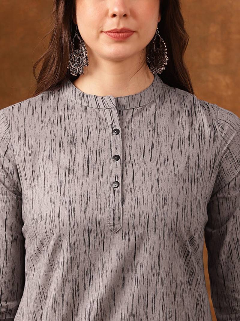 Grey abstract printed mandarin collar cotton kurta