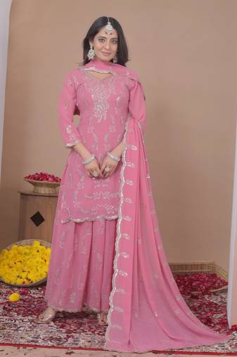 Baby pink color faux georgette wedding wear trending plazo set
