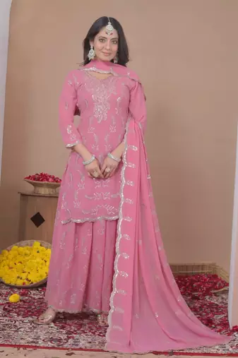 Baby pink color faux georgette wedding wear trending plazo set