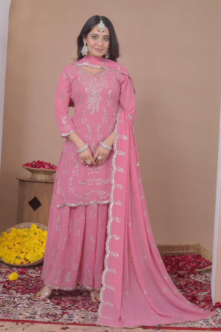Baby pink color faux georgette wedding wear trending plazo set