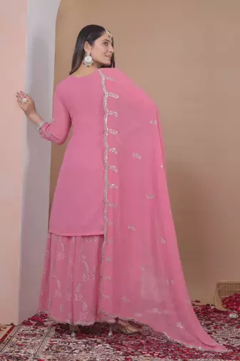 Baby pink color faux georgette wedding wear trending plazo set
