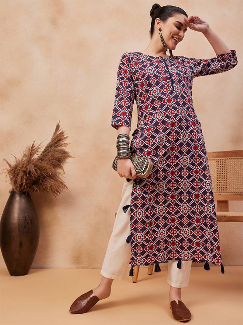 Navy blue ethnic motifs printed cotton straight kurta
