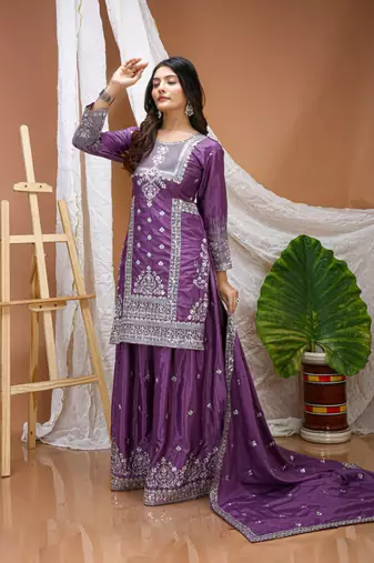 Lavender color natural creap silk wedding wear trending salwar suit