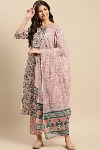 Peach & blue floral-printed pure-cotton straight kurta with trouser & dupatta
