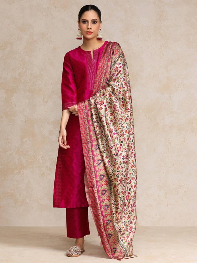 Pink zari work textured kurta with trouser and printed dupatta