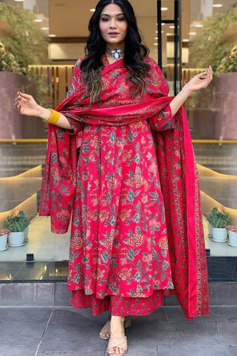 Floral printed v-neck anarkali kurta with palazzos & dupatta