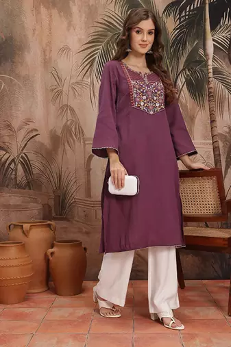 Floral yoke design flared sleeves thread work kurta