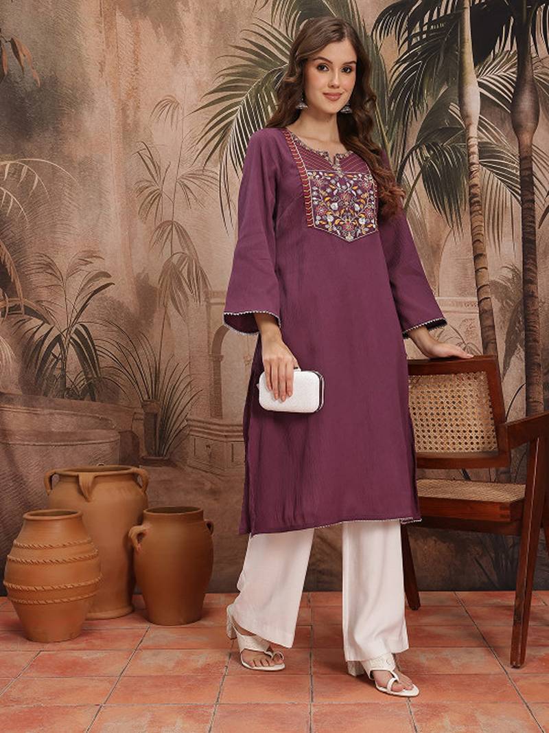 Floral yoke design flared sleeves thread work kurta