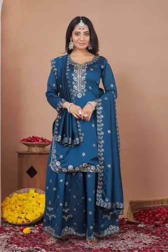 Blue color vichitra silk wedding wear trending salwar suit