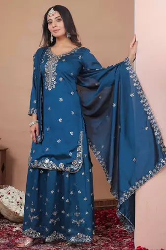 Blue color vichitra silk wedding wear trending salwar suit