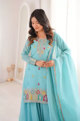 Wedding Special Sky BlueTraditional Sharara Suit For Women