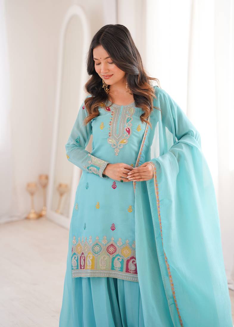 Wedding Special Sky BlueTraditional Sharara Suit For Women