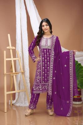 Wine faux georgette embroidery work wedding wear salwar suit 1