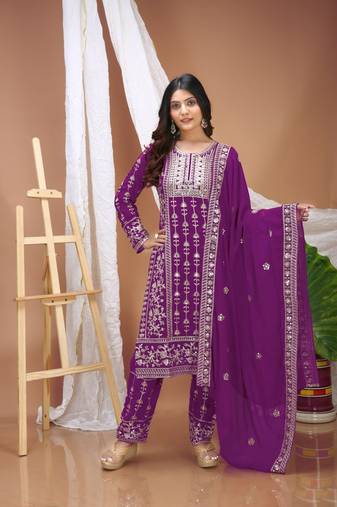 Wine faux georgette embroidery work wedding wear salwar suit