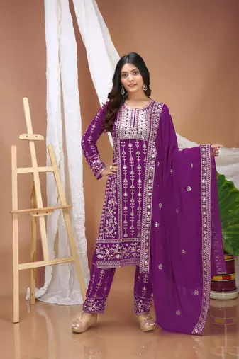 Wine faux georgette embroidery work wedding wear salwar suit