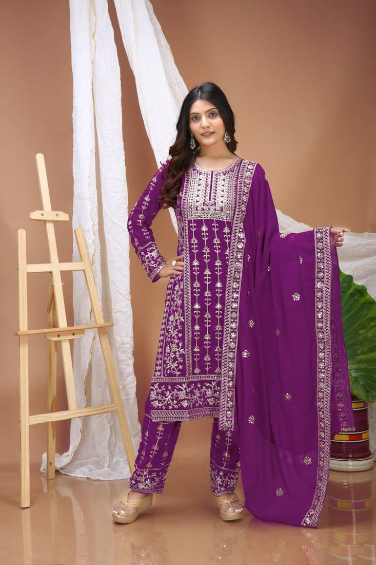 Wine faux georgette embroidery work wedding wear salwar suit