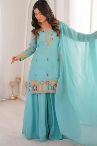 Wedding Special Sky BlueTraditional Sharara Suit For Women