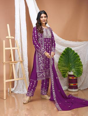 Wine faux georgette embroidery work wedding wear salwar suit 2