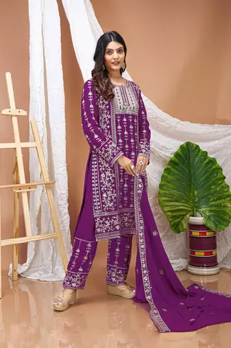 Wine faux georgette embroidery work wedding wear salwar suit