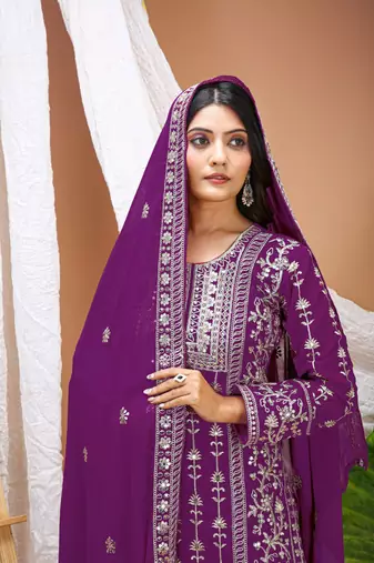 Wine faux georgette embroidery work wedding wear salwar suit