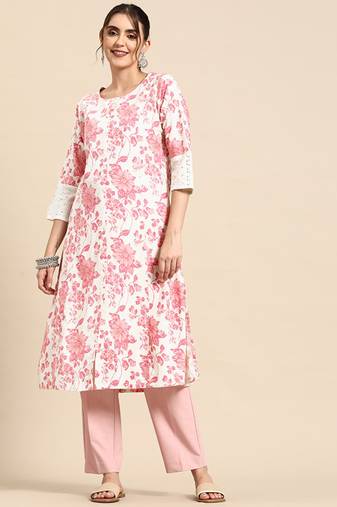 Floral printed cotton slub kurta