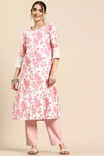 Floral printed cotton slub kurta