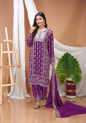 Wine faux georgette embroidery work wedding wear salwar suit 4