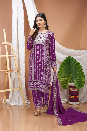 Wine faux georgette embroidery work wedding wear salwar suit