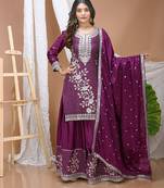 Wine color chinnon silk wedding wear trending plazo set