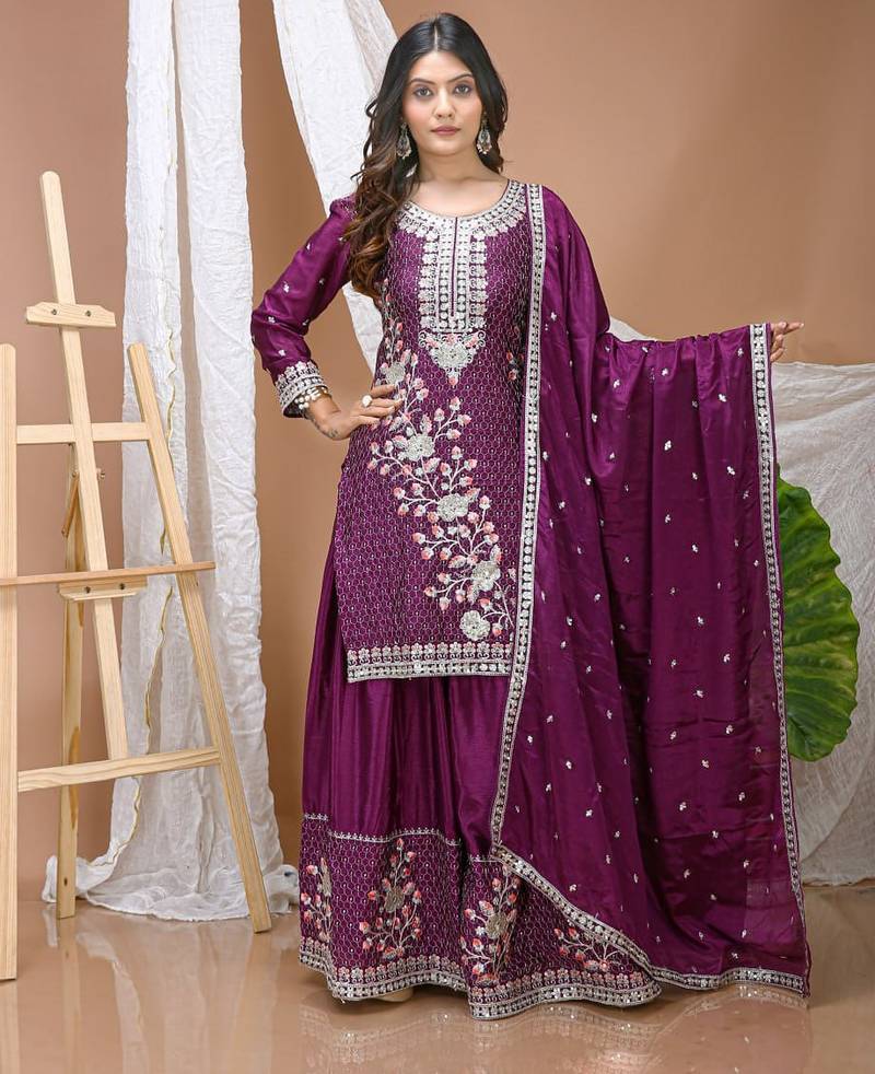Wine color chinnon silk wedding wear trending plazo set
