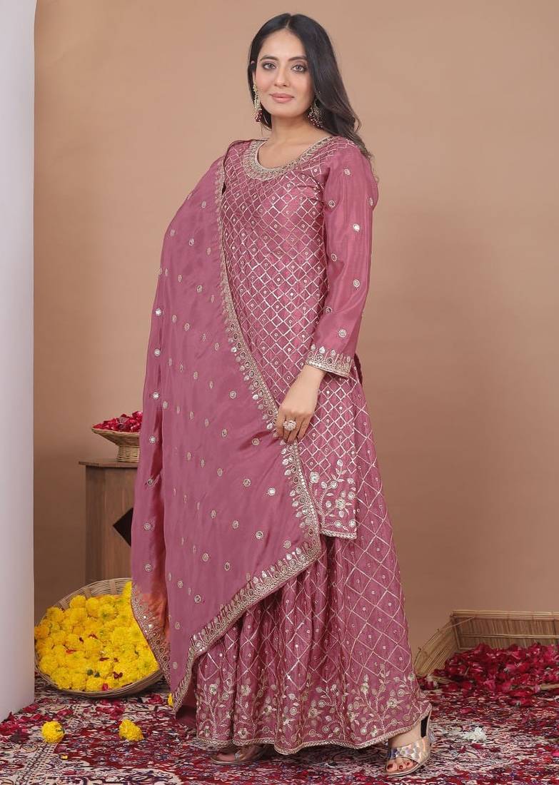 Dark onion color chinnon silk wedding wear trending plazo set