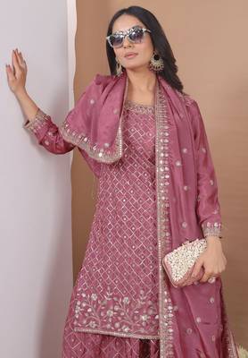 Dark onion color chinnon silk wedding wear trending plazo set 3