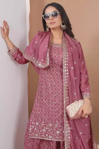 Dark onion color chinnon silk wedding wear trending plazo set